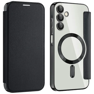 AMORUS For Samsung Galaxy A15 4G / 5G Magnetic Case RFID Blocking Card Holder Leather Phone Cover - Black
