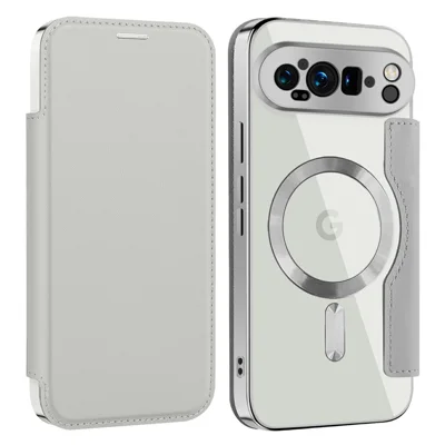 AMORUS For Google Pixel 9 Pro XL Magnetic Case RFID Blocking Card Holder Leather Phone Cover - Titanium Grey