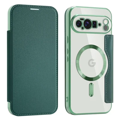 AMORUS For Google Pixel 10 Pro XL Magnetic Case RFID Blocking Card Holder Leather Phone Cover - Blackish Green