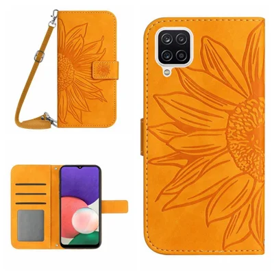 For Samsung Galaxy A22 4G (EU Version) HT04 Skin-touch Imprinted Sunflower Phone Cover PU Leather Foldable Stand Anti-scratch Wallet Case with Shoulder Strap - Yellow