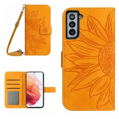 For Samsung Galaxy S21+ 5G HT04 Imprinted Sunflower Phone Case with Shoulder Strap, PU Leather Skin-touch Wallet Stand Cover - Yellow