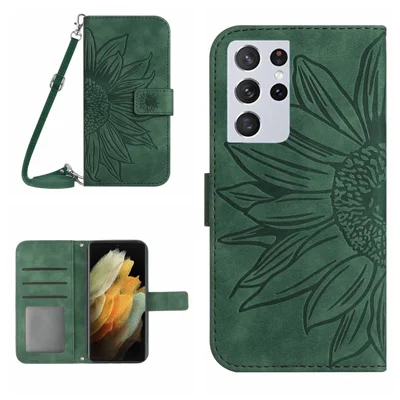 Skin-friendly Phone Case For Samsung Galaxy S21 Ultra 5G, HT04 Imprinted Sunflower PU Leather Flip Wallet Stand Cover with Shoulder Strap - Dark Green