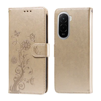 For Xiaomi Poco M7 4G (169mm) Leather Case Butterfly Floral Imprint Wallet Stand Cover - Golden