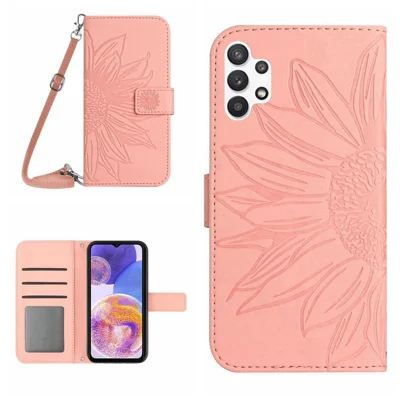 For Samsung Galaxy A32 4G (EU Version) HT04 Skin-touch PU Leather Imprinted Sunflower Stand Wallet Case Magnetic Phone Cover with Shoulder Strap - Light Pink