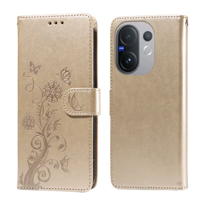 For vivo V60 5G Leather Case Butterfly Floral Imprint Wallet Stand Cover - Golden