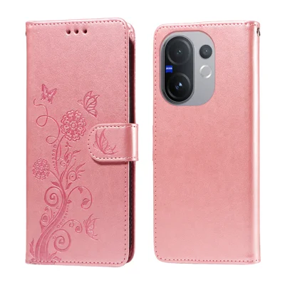 For vivo V60 5G Leather Case Butterfly Floral Imprint Wallet Stand Cover - Pink