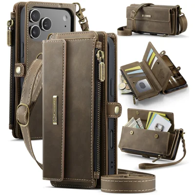 CASEME For iPhone 18 Pro Max / 17 Pro Max Case  C39 RFID Blocking Zipper Wallet Stand Leather Cover with Strap - Brown