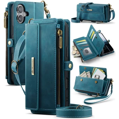 CASEME For iPhone 17 Case  C39 RFID Blocking Zipper Wallet Stand Leather Cover with Strap - Green