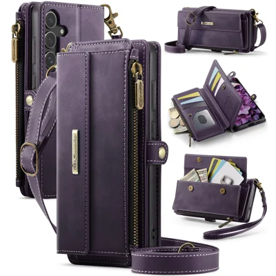 CASEME For Samsung Galaxy S25 FE Case  C39 RFID Blocking Zipper Wallet Stand Leather Cover with Strap - Purple