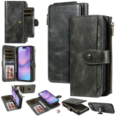 For iPhone Air Phone Case PU Leather Zipper Wallet Detachable Cover - Green