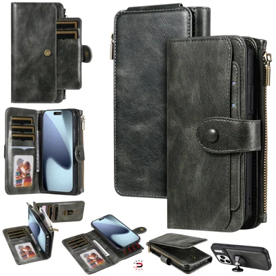 For iPhone 18 Pro Max / 17 Pro Max Phone Case PU Leather Zipper Wallet Detachable Cover - Green