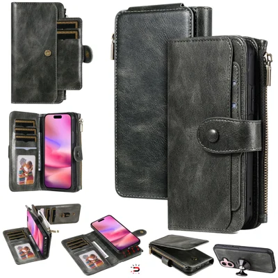 For iPhone 17 Phone Case PU Leather Zipper Wallet Detachable Cover - Green