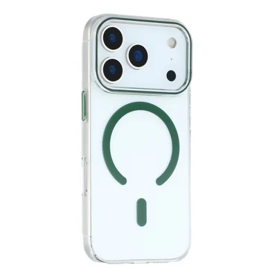 Case magnetyczna na iPhone 17 Pro, przezroczysta obudowa z tworzywa PC z metalowymi przyciskami – zielona