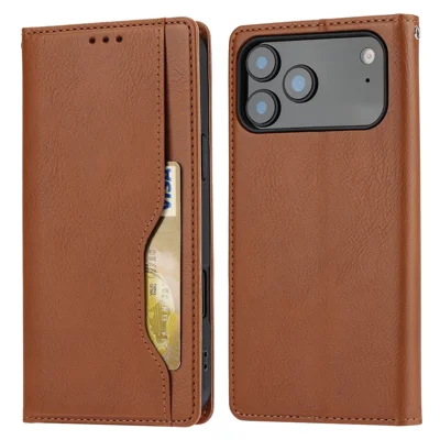For iPhone 18 Pro / 17 Pro Cell Phone Case Magnetic Closing PU Leather Stand Cover - Light Brown