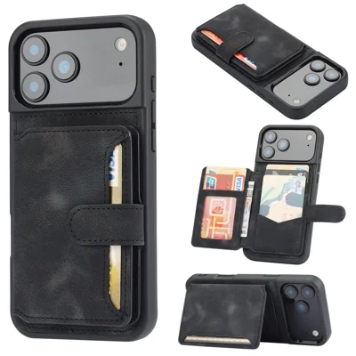 For iPhone 18 Pro / 17 Pro Case Wallet Card Slot TPU + PU Leather Back Phone Cover - Black