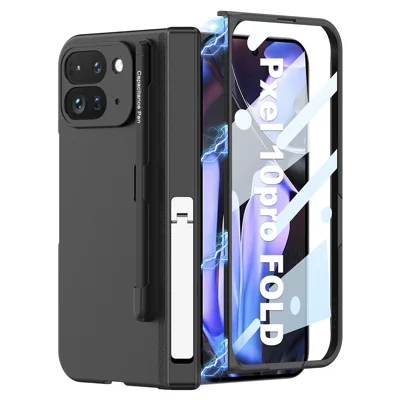 GKK For Google Pixel 10 Pro Fold Case with Stylus / Kickstand Magnetic Hinge Protection PC Phone Cover with Tempered Glass Film - Black