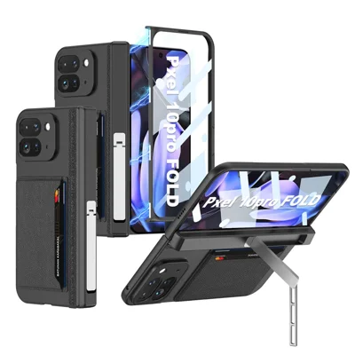 GKK For Google Pixel 10 Pro Fold Case with Card Holder / Kickstand / Magnetic Hinge Protection PC Phone Shell with Tempered Glass Film - Black