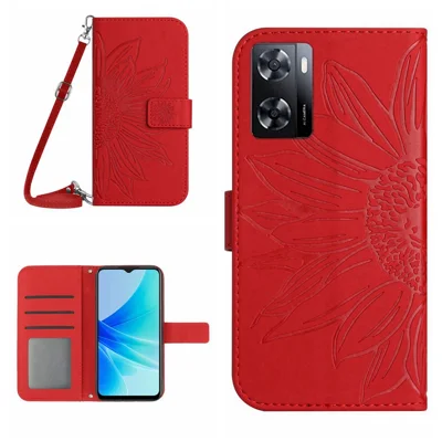 For Oppo A57 4G / A57s 4G / A57 (2022) 5G / A77 4G / A77 5G PU Leather Wallet Case Stand Imprinted Sunflower Skin-touch Phone Cover with Shoulder Strap - Red