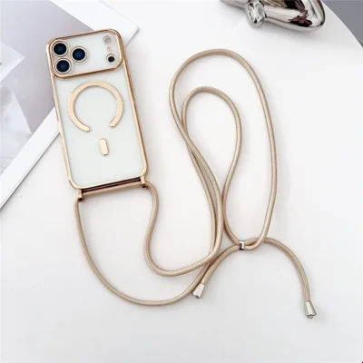 Voor iPhone 17 Pro-hoesje compatibel met MagSafe, gegalvaniseerd TPU-telefoonhoesje met lange lanyard - Goud