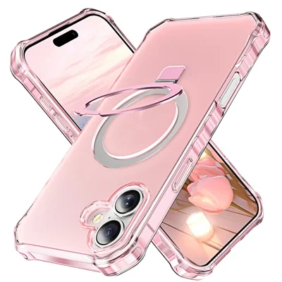 For iPhone 17 Case Compatible with MagSafe Matte Kickstand Hybrid Phone Cover Small Wavy Edge - Pink