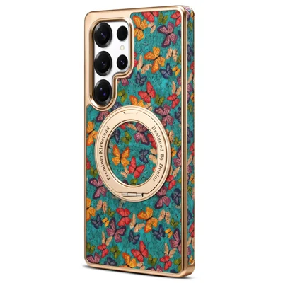A22 For Samsung Galaxy S25 Ultra Magnetic Case Kickstand Electroplated Floral Phone Cover - Blue