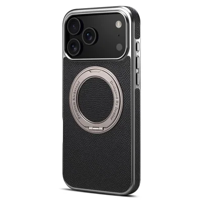 For iPhone 18 Pro / 17 Pro Kickstand Case Genuine Cow Leather Back Cover Compatible with MagSafe - Black