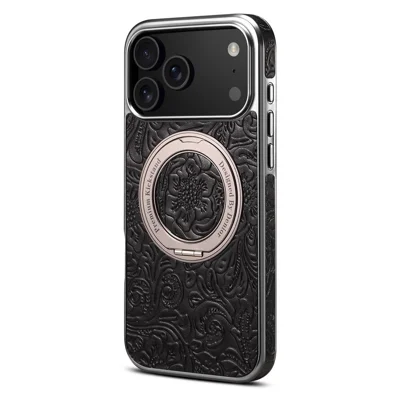 For iPhone 17 Pro Max Kickstand Phone Case Flower Imprint Genuine Cow Leather Back Cover Compatible with MagSafe - Black