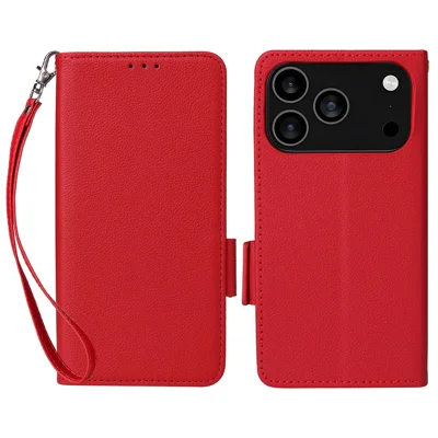 For iPhone 18 Pro / 17 Pro Case with Wrist Strap Litchi Texture PU Leather Wallet Phone Cover - Red