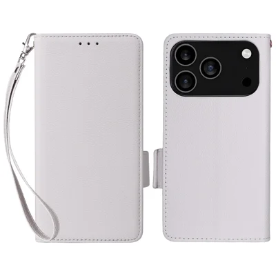 For iPhone 18 Pro Max / 17 Pro Max Case with Wrist Strap Litchi Texture PU Leather Wallet Phone Cover - White