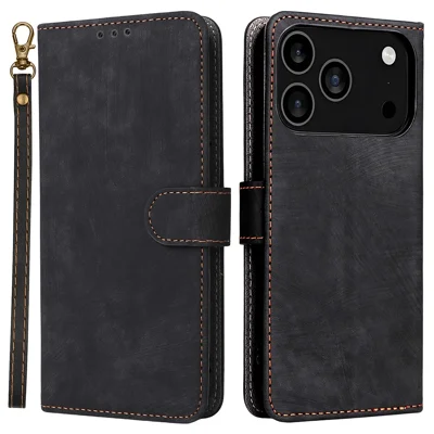 For iPhone 17 Pro Max Case Wallet RFID Blocking PU Leather Phone Cover Stand met riem - Zwart
