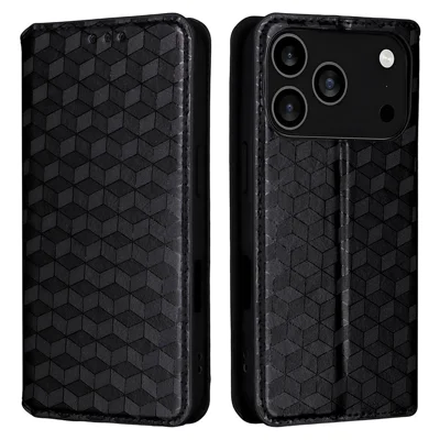 For iPhone 17 Pro Max Case Wallet Ruitvormig Geperst Leren Telefoonhoesje - Zwart