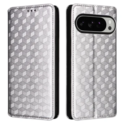 For Google Pixel 10 Pro XL Case Wallet Rhombus Imprinted Leather Phone Cover - Silver