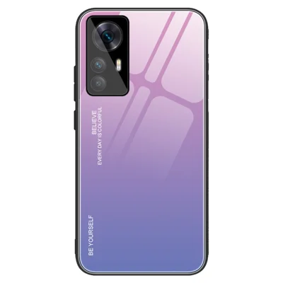 For Xiaomi 12T Pro 5G Gradient Color Design Tempered Glass Phone Case Hard PC Back Gradient Soft TPU Bumper Anti-Scratch Cover - Pink  /  Purple
