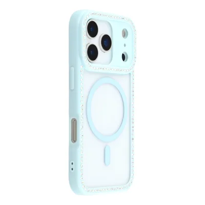For iPhone 18 Pro / 17 Pro Case Compatible with MagSafe Sparkling Rhinestone Decor TPU + PC Clear Phone Back Cover - Blue