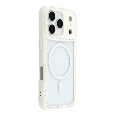 For iPhone 18 Pro / 17 Pro Case Compatible with MagSafe Sparkling Rhinestone Decor TPU + PC Clear Phone Back Cover - White