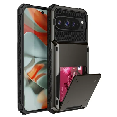 For Google Pixel 10 Pro XL Case PC + TPU Dual Layer Back Phone Cover with Card Holder - Grey