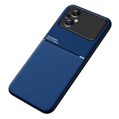 Anti-drop Back Protector for Xiaomi Poco M5 4G, Lines Imprinted PU Leather+TPU Hybrid Shell with Built-in Metal Sheet - Blue