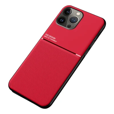 Shockproof Back Protector for iPhone 14 Pro Max, Lines Imprinted PU Leather+TPU Hybrid Shell with Built-in Metal Sheet - Red