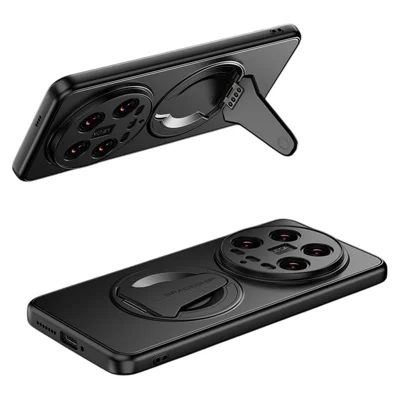 For Xiaomi 14 Ultra Magnetic Case Hidden Kickstand Skin-Feel Matte PC TPU Phone Back Cover - Black