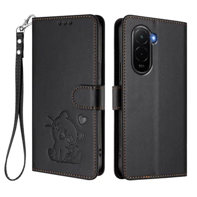 For Xiaomi Poco M7 Plus 5G / M7 4G (169mm) Wallet Case with Wrist Strap Love Cat Pattern Imprint Leather Phone Cover - Black