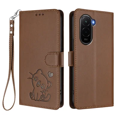 جراب محفظة لهاتف Xiaomi Poco M7 Plus 5G / M7 4G (169 مم) مع حزام معصم بنمط قط محبب مطبوع على غطاء من الجلد - بني