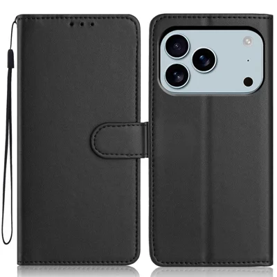 For iPhone 18 Pro / 17 Pro Wallet Case with Strap / Multiple Card Slots Solid Color Leather Stand Phone Cover - Black