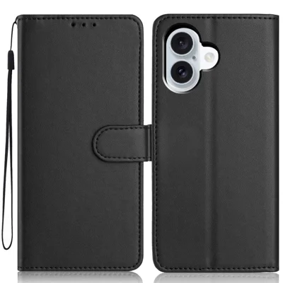 For iPhone 16 Plus Wallet Case with Strap / Multiple Card Slots Solid Color Leather Stand Phone Cover - Black