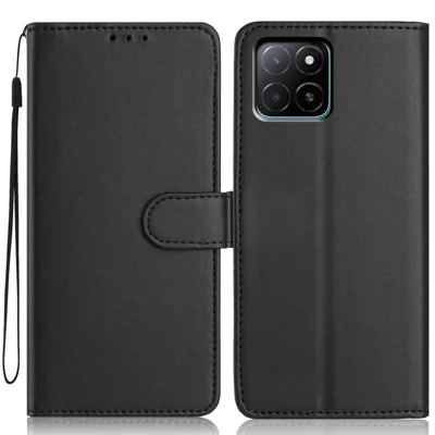 For Honor X5b Wallet Case with Strap / Multiple Card Slots Solid Color Leather Stand Phone Cover - Black