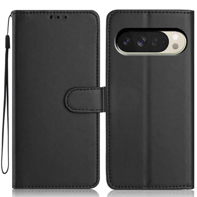 For Google Pixel 10 Pro XL / 9 Pro XL Wallet Case with Strap / Multiple Card Slots Solid Color Leather Stand Phone Cover - Black