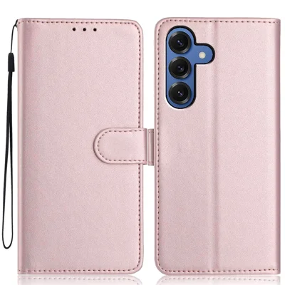 For Samsung Galaxy S24 FE Wallet Case with Strap / Multiple Card Slots Solid Color Leather Stand Phone Cover - Rose Gold