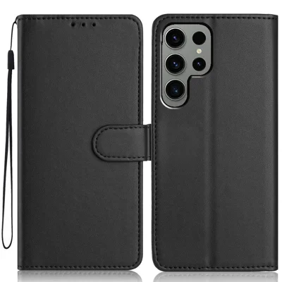 For Samsung Galaxy S24 Ultra Wallet Case with Strap / Multiple Card Slots Solid Color Leather Stand Phone Cover - Black