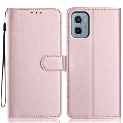 For Motorola Moto G05 4G / E15 4G Wallet Case with Strap / Multiple Card Slots Solid Color Leather Stand Phone Cover - Rose Gold