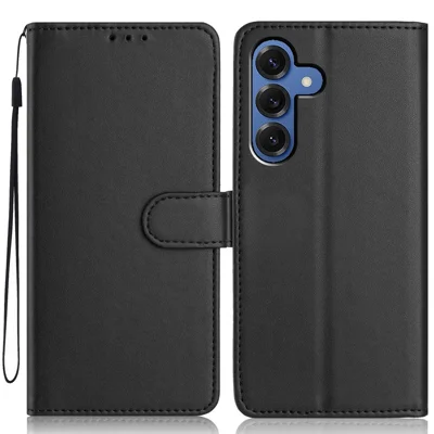 For Samsung Galaxy S24 Wallet Case with Strap / Multiple Card Slots Solid Color Leather Stand Phone Cover - Black