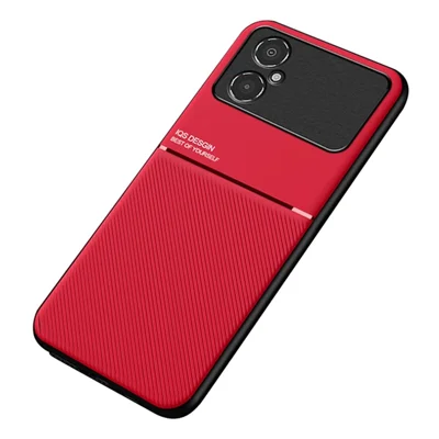 For Xiaomi Poco M4 5G Shock Absorbing Back Case with Built-in Metal Sheet Lines Imprinted PU Leather+TPU Hybrid Shell - Red